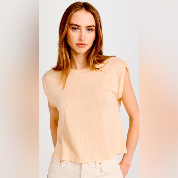 NWT Frame Washed Nude Peach Pink 100% Organic Linen Rolled Muscle T-Shirt S - Picture 1 of 9